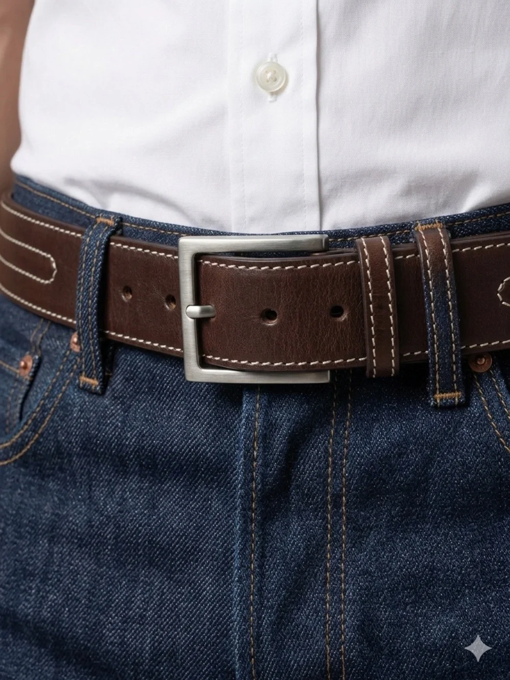 Mens Brown Genuine GrainLeather Belt with Contrast Stitching Size 44